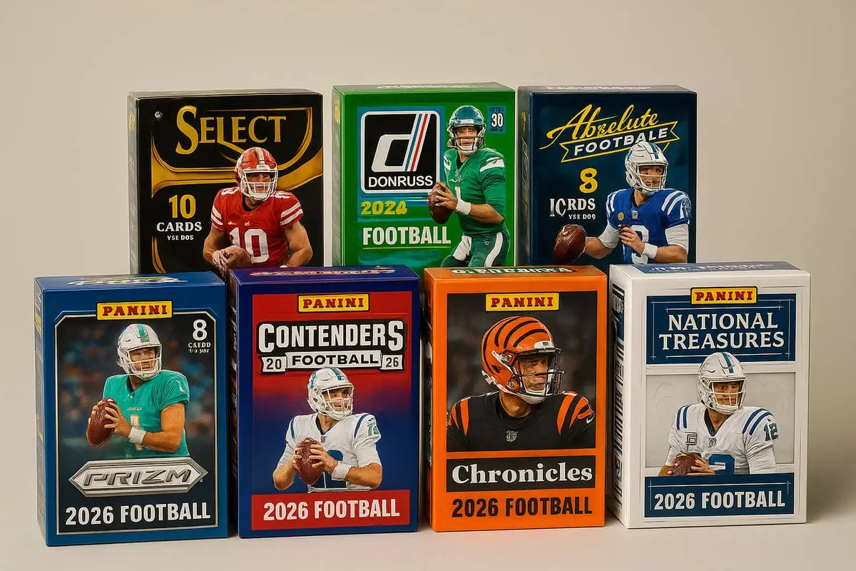 Colorful 2026 football card Panini boxes from Donruss and Absolute