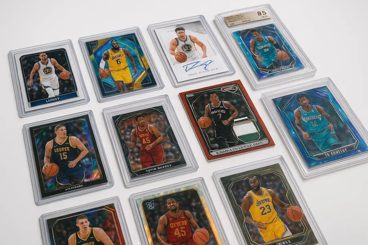 Glossy protective cases with basketball cards, Topps Chrome designs