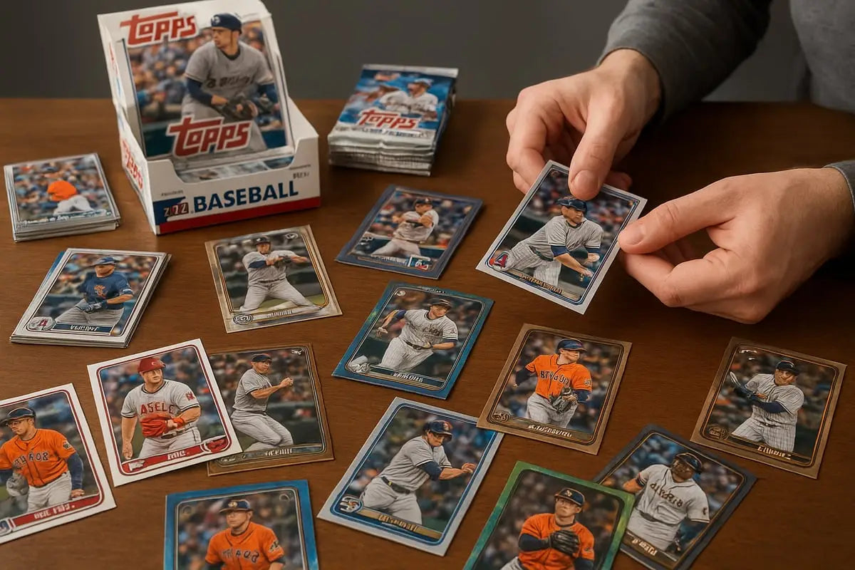 2023 Topps Series 1 baseball cards rookie class on wood, hands holding