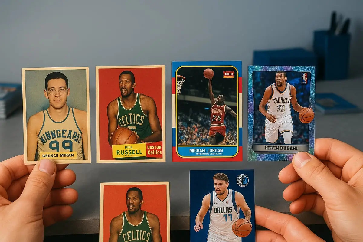 Vintage and modern NBA cards with rookies of Mikan, Russell, Jordan, Durant