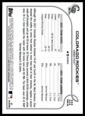 Colorado Rockies 2022 Topps #222 Colorado Rockies - Baseball Card Single