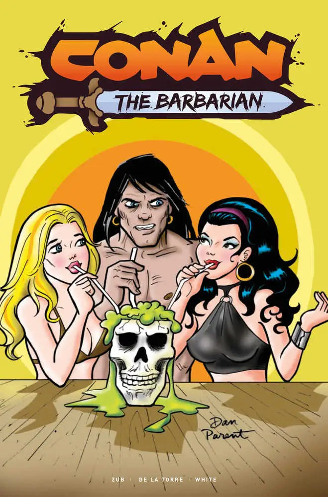 Comic book artwork of three characters with a skull under the Conan the Barbarian logo