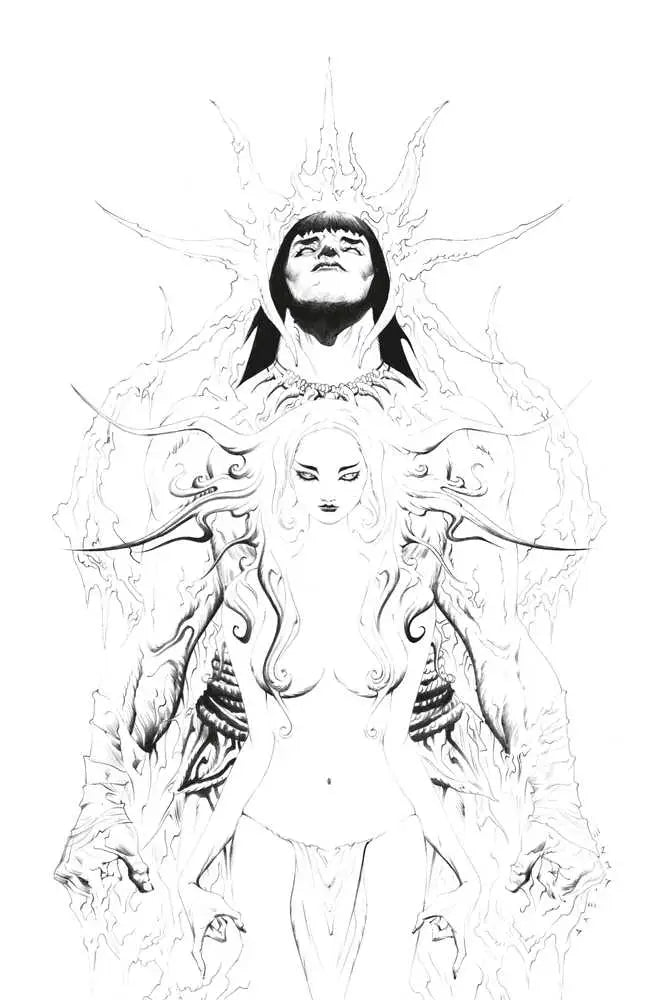 Black and white sketch of three feminine figures for Conan the Barbarian trading cards