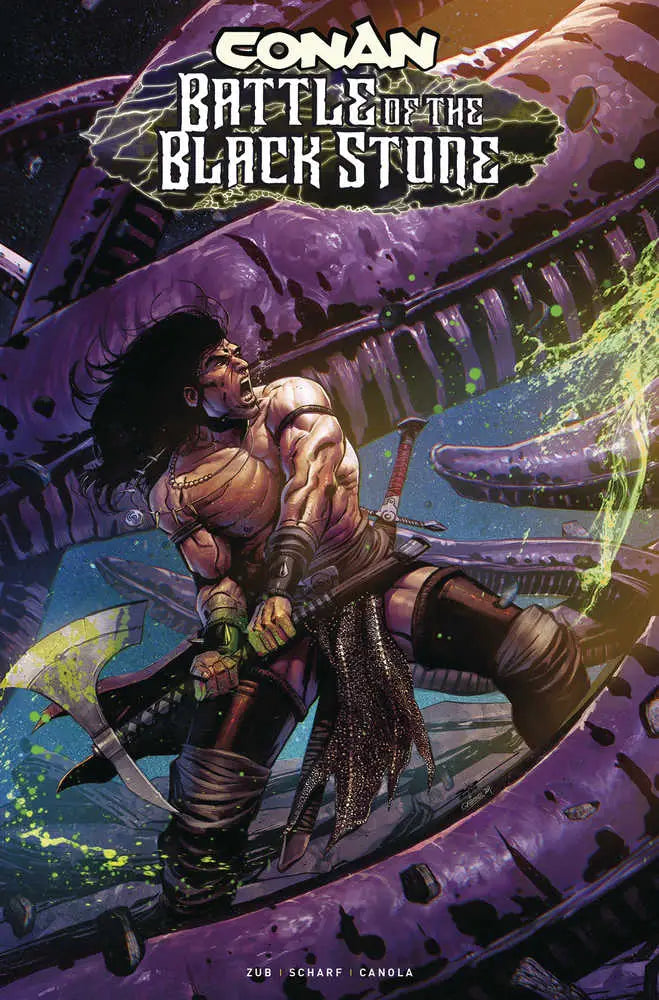 Comic book cover of Conan the Barbarian Battle Blackstone #1 Cover B Oezgen fighting a serpent