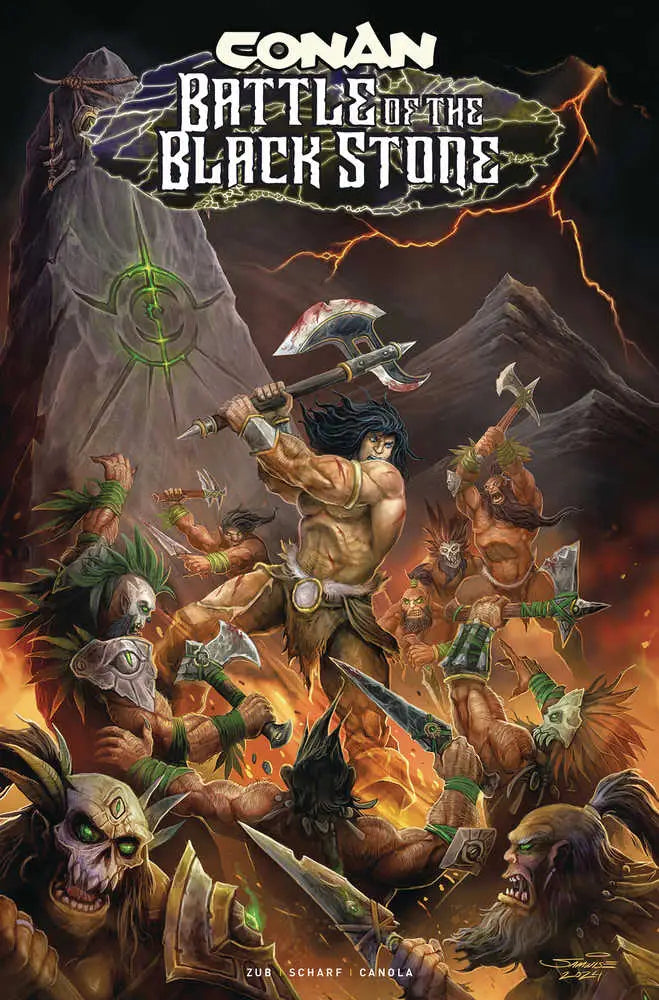 Comic book cover for Conan: Battle of the Black Stone showcasing intense barbarian battle action