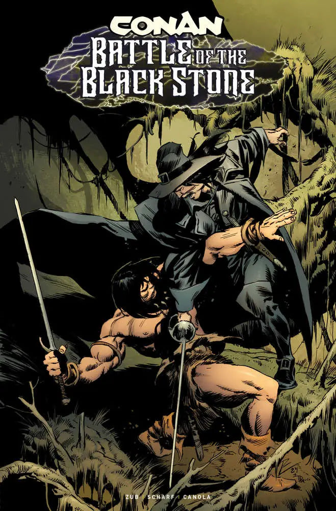 Comic book cover for Conan: Battle of the Black Stone showing a warrior in combat