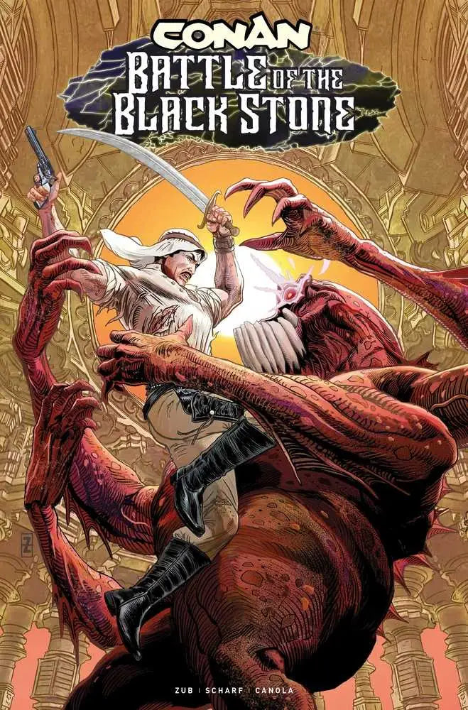 Comic book cover featuring a warrior in Barbarian Battle Blackstone against a giant scorpion