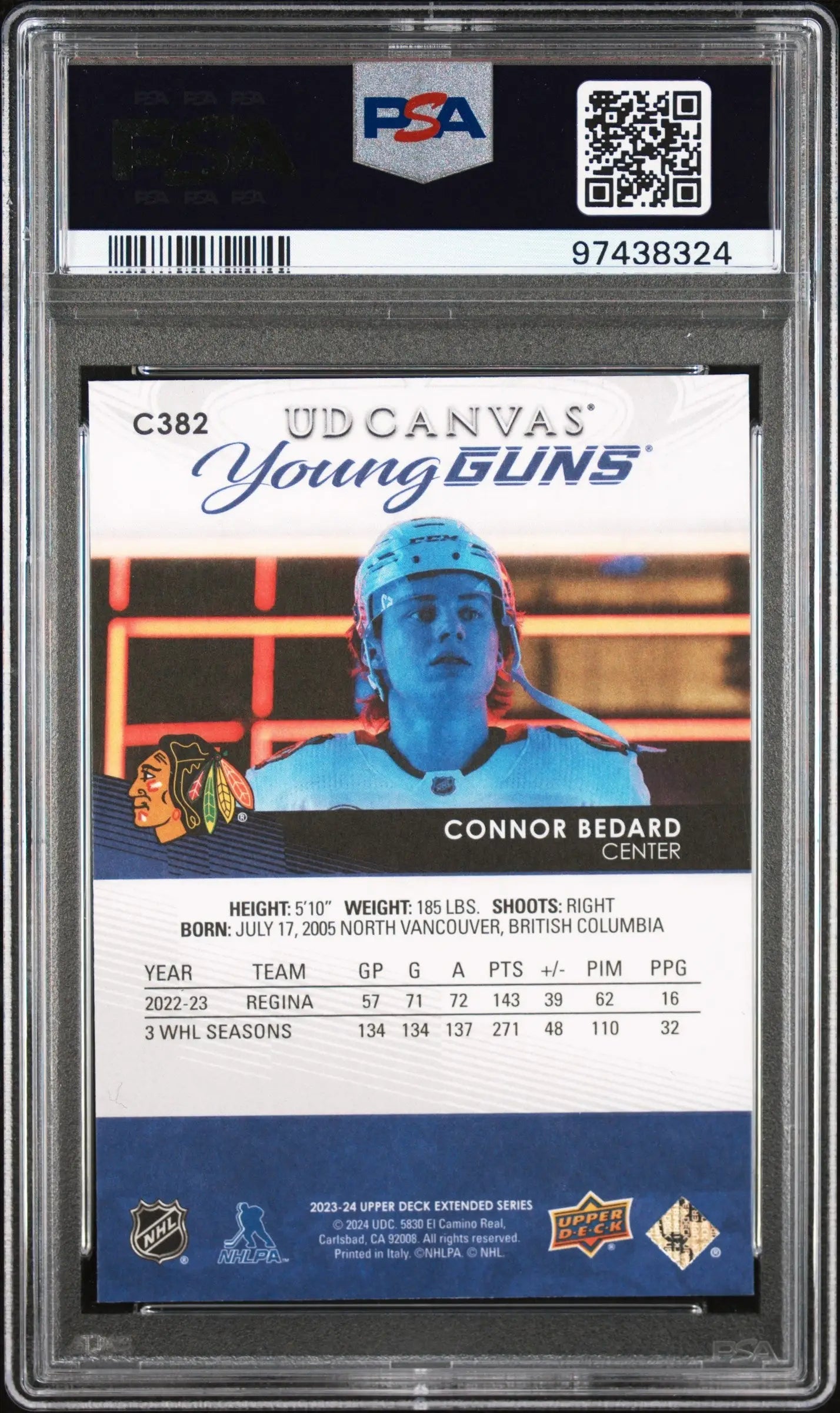 Connor Bedard 2023 Upper Deck Canvas #382 PSA 9 Mint - Hockey Card Single