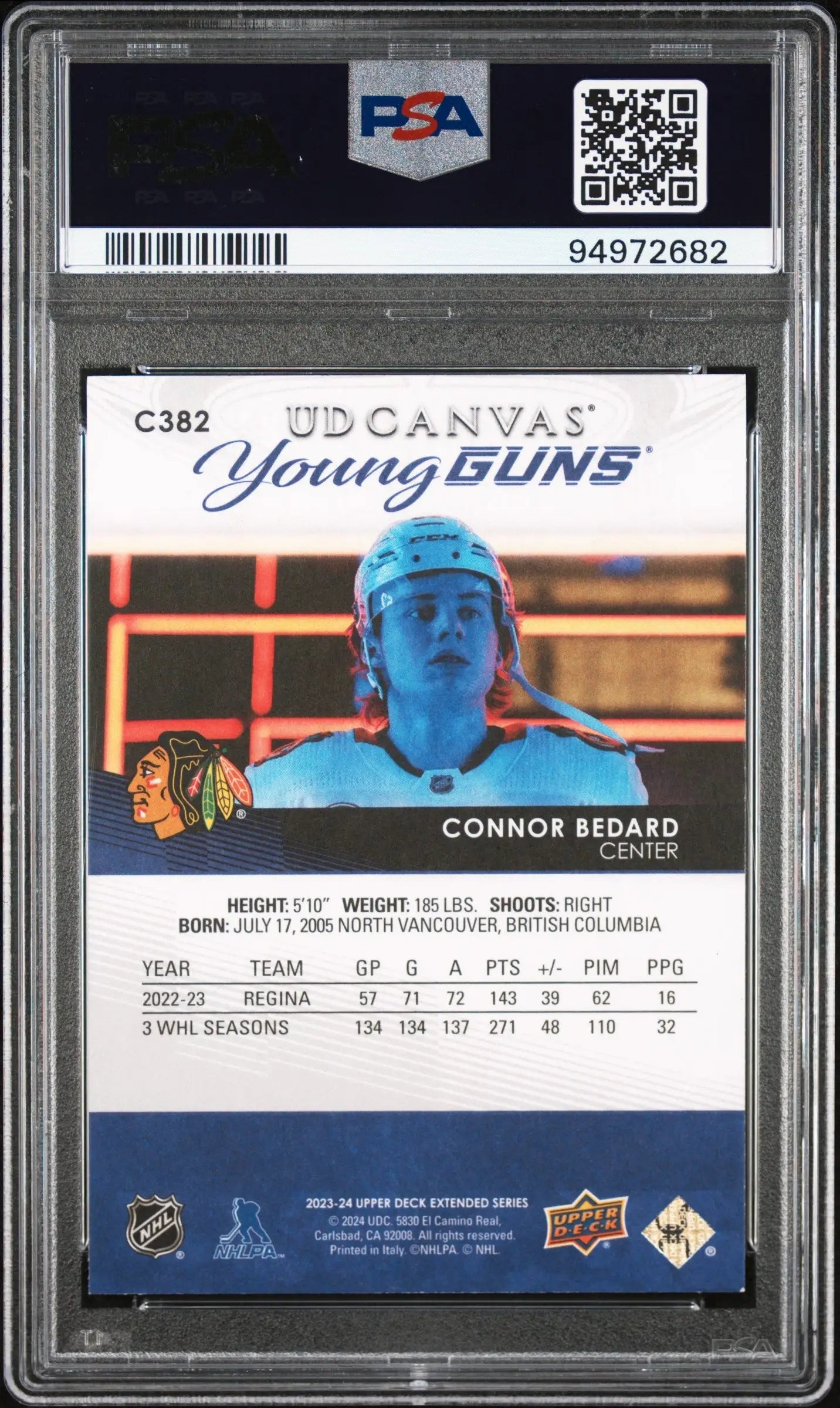 Connor Bedard 2023 Upper Deck Canvas #C382 PSA 9 Mint - Hockey Card Single