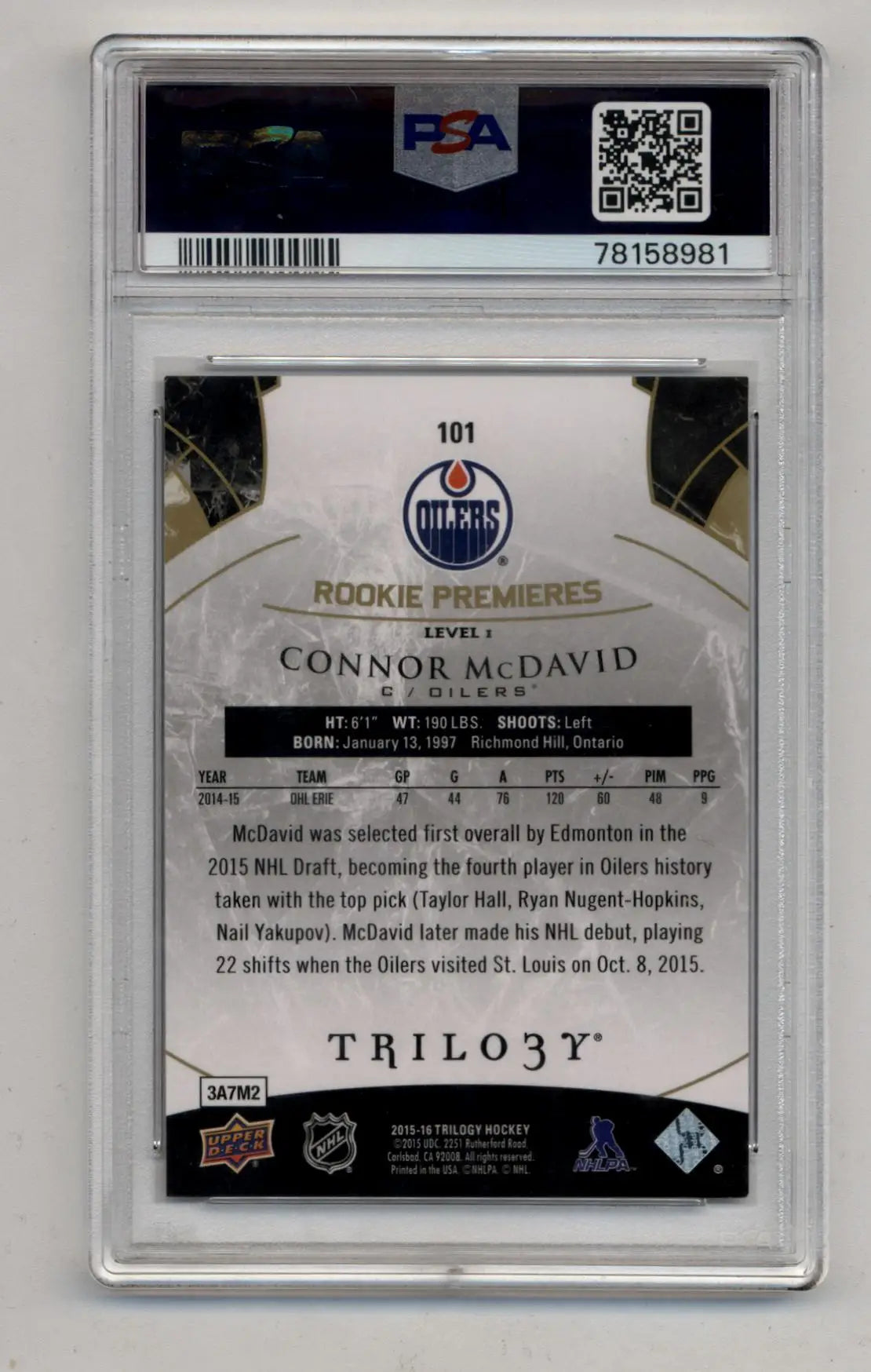 Connor McDavid 2015-16 Trilogy #101 PSA 9 Mint 8981 - Hockey Card Single