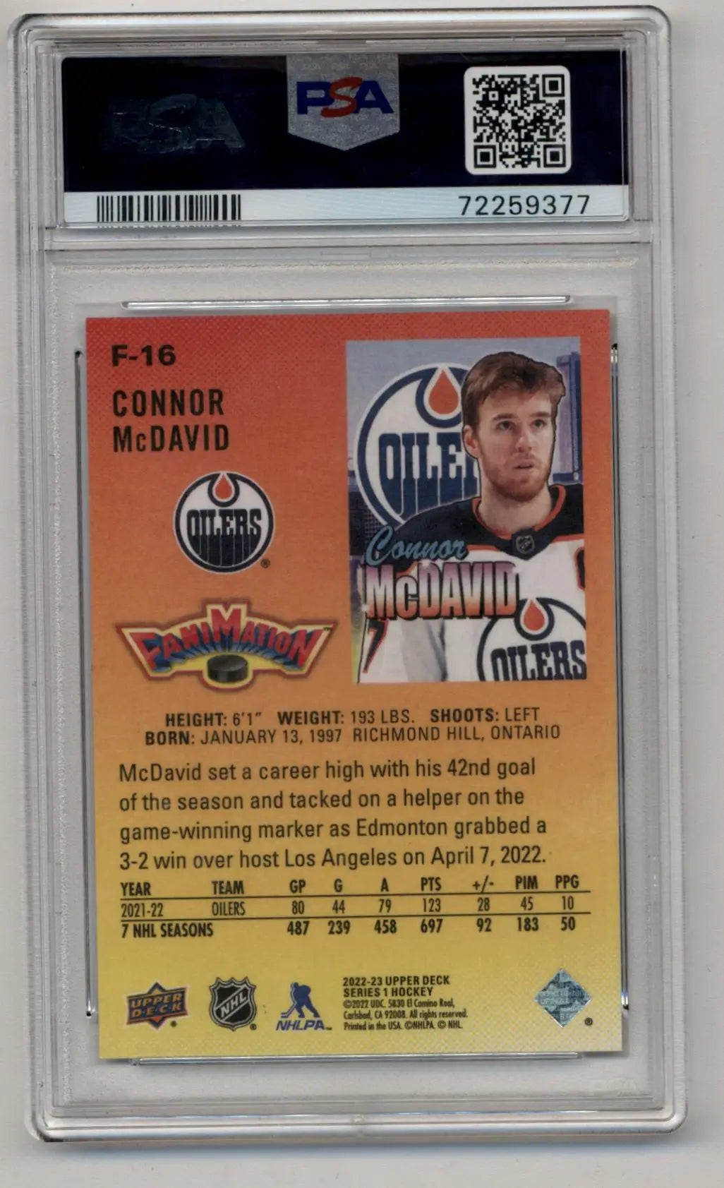 Connor McDavid 2022-23 Upper Deck Fanimation #F16 PSA 9 Mint - Hockey Card Single