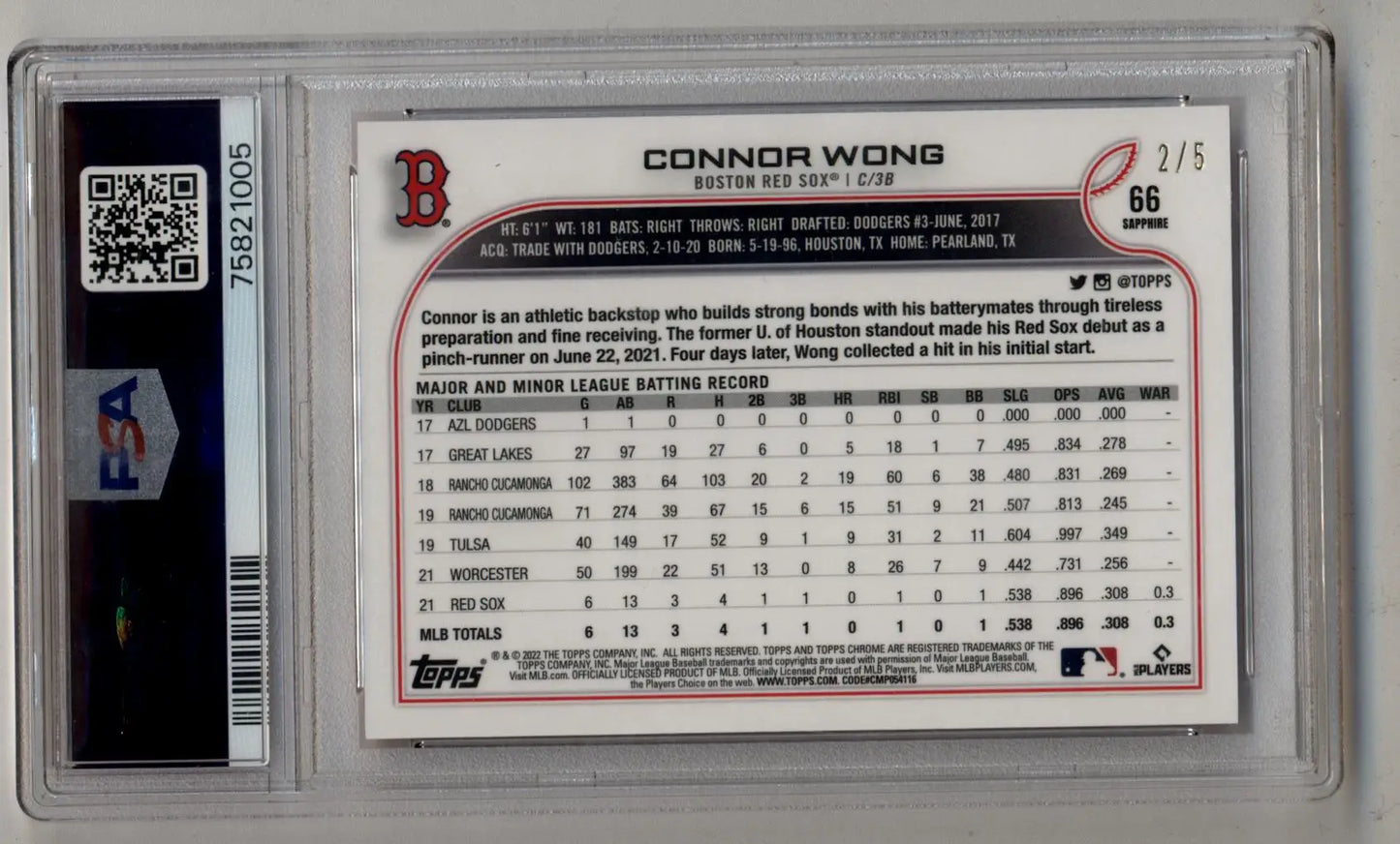 Connor Wong 2022 Topps Chrome #66 Sapphire Edition Red 2/5 PSA 9 Mint - Baseball Card Single