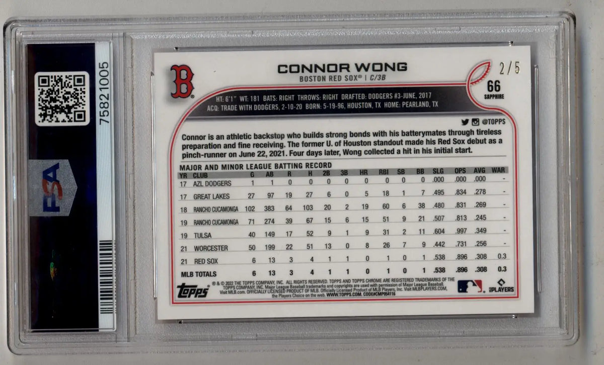Connor Wong 2022 Topps Chrome #66 Sapphire Edition Red 2/5 PSA 9 Mint - Baseball Card Single