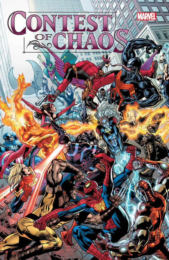 Comic book cover of Contest Of Chaos featuring Iron Man, Moon Knight, and Scarlet Witch battling