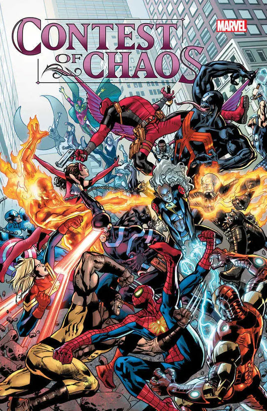 Comic book cover of Contest Of Chaos featuring Iron Man, Moon Knight, and Scarlet Witch battling
