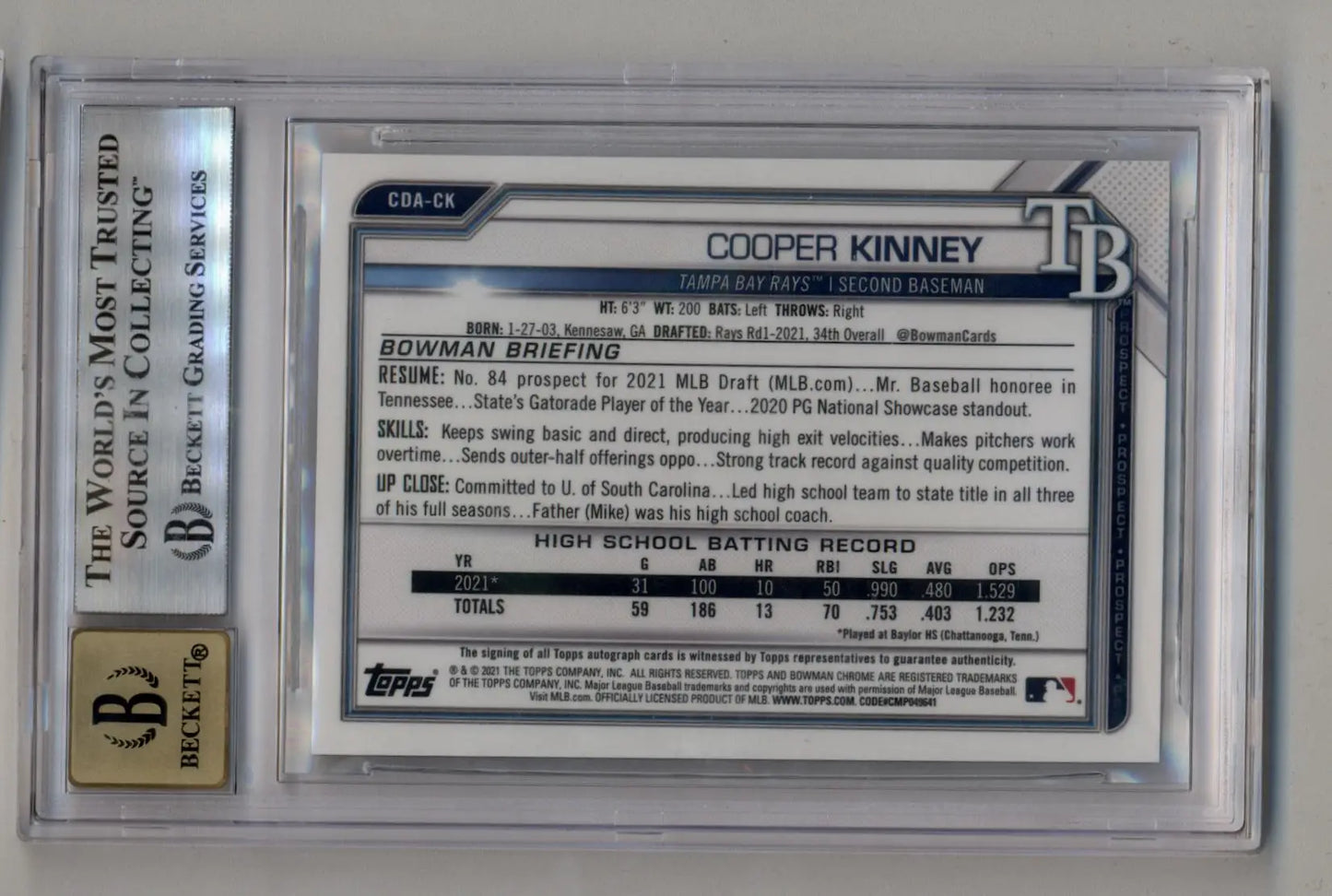 Baseball card of Cooper Kinney in protective slab from Bowman Chrome Draft series