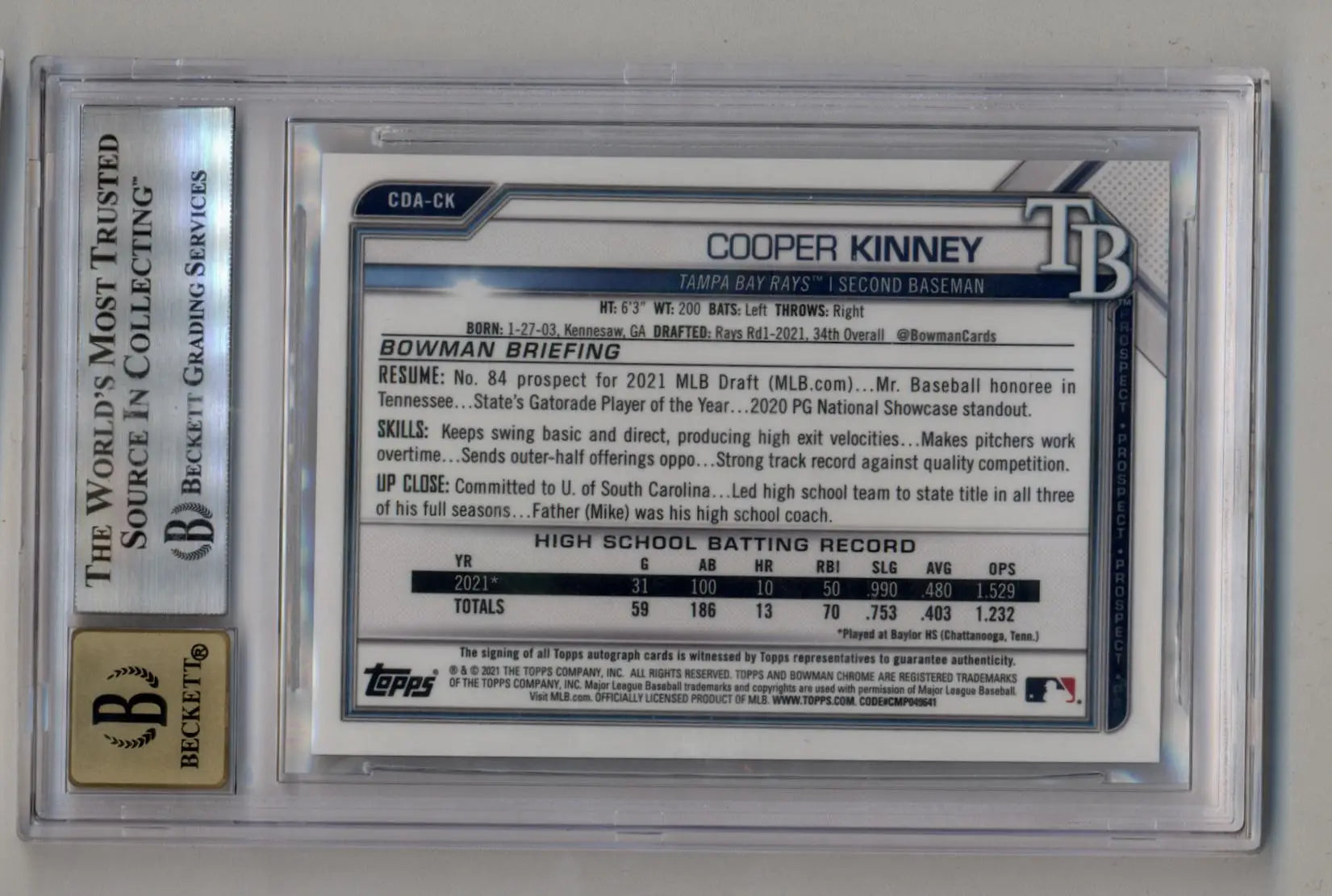 Baseball card of Cooper Kinney in protective slab from Bowman Chrome Draft series