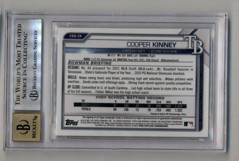 Baseball card of Cooper Kinney in protective slab from Bowman Chrome Draft series