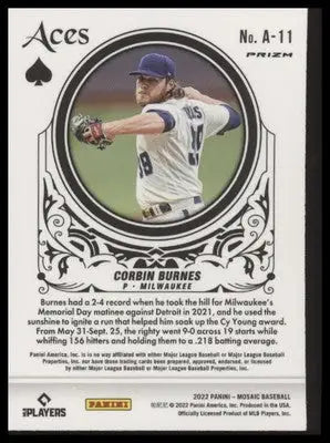 Corbin Burnes 2022 Panini Mosaic Aces Mosaic #A-11 Milwaukee Brewers - Baseball Card Single