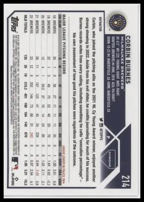 Corbin Burnes 2023 Topps Chrome Refractors #214 Milwaukee Brewers - Baseball Card Single