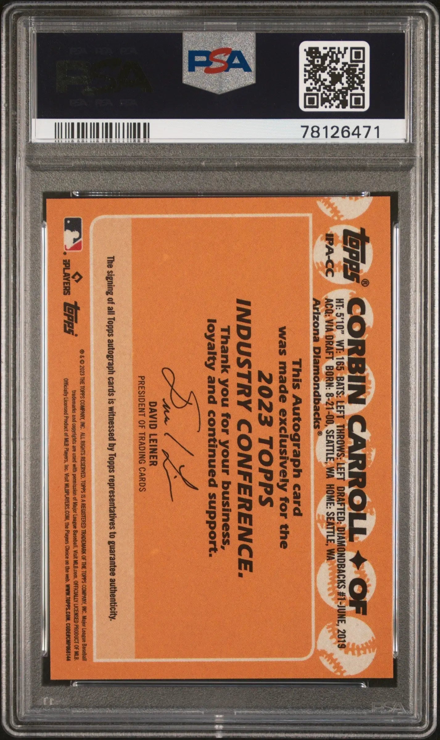 Corbin Carroll 2023 Topps Industry Conference Auto PSA 10 Gem Mint - Baseball Card Single