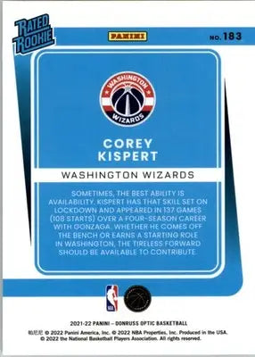 Corey Kispert - 2021-22 Donruss Optic - #183 - RC Basketball - Basketball Card Single