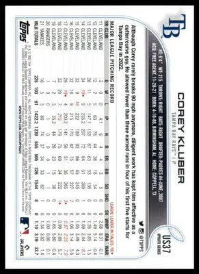 Corey Kluber 2022 Topps Update #US37 Tampa Bay Rays - Baseball Card Single