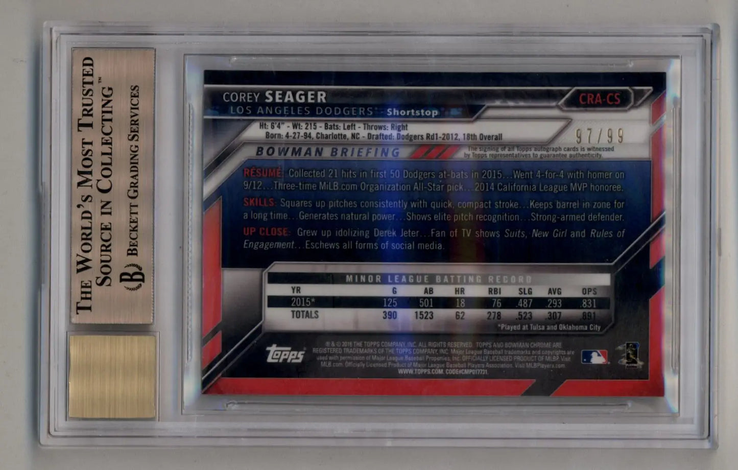 Graded Corey Seager Bowman Chrome Rookie Auto Green Refractor 97/99 BGS 9.5 Gem Mint
