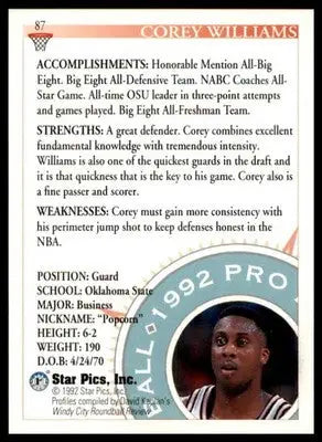 Corey Williams 1992 Star Pics #87 Oklahoma State Cowboys - Other