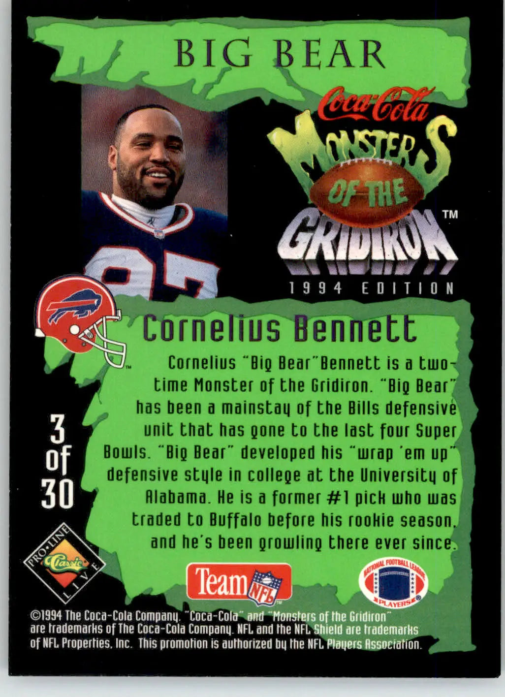 Cornelius Bennett - 1994 Coca-Cola Monsters of the Gridiron - #3 - Football - Football Card Single