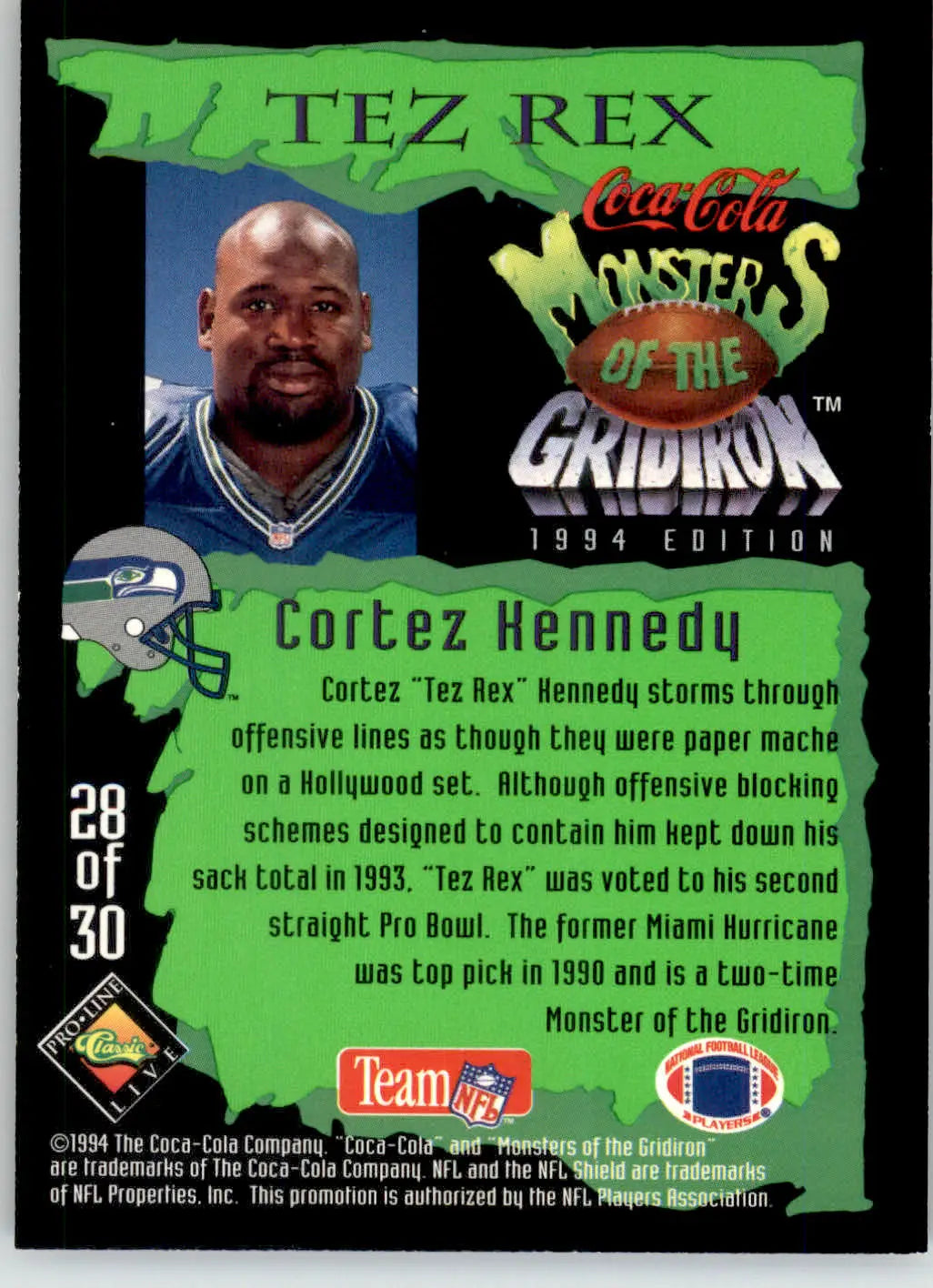 Cortez Kennedy - 1994 Coca-Cola Monsters of the Gridiron - #28 - Football - Football Card Single