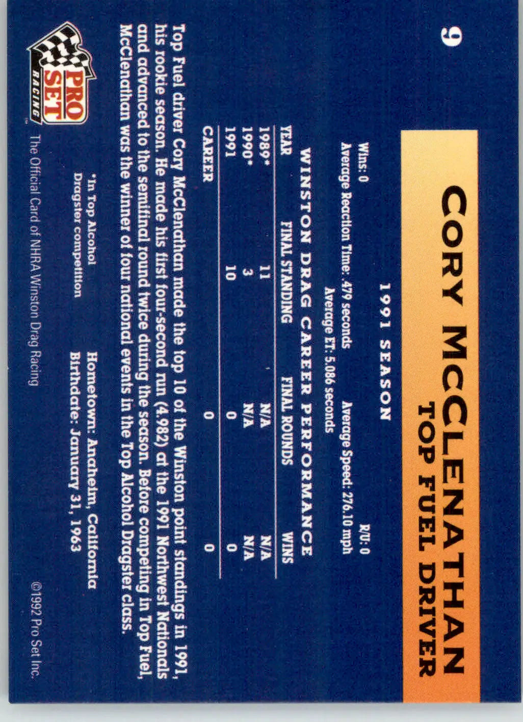 Cory McClenathan - 1992 Pro Set NHRA - #9 - Racing - Racing Card Single