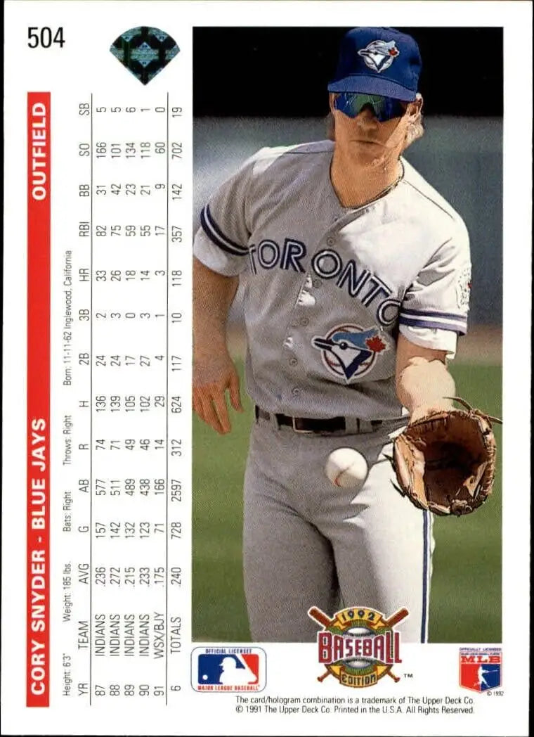 Cory Snyder 1992 Upper Deck MLB #504 Baseball Card San Francisco Giants