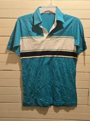 Country Cottons Polo Shirt Mens M Turquoise Striped Short Sleeve Cotton Vintage - Apparel