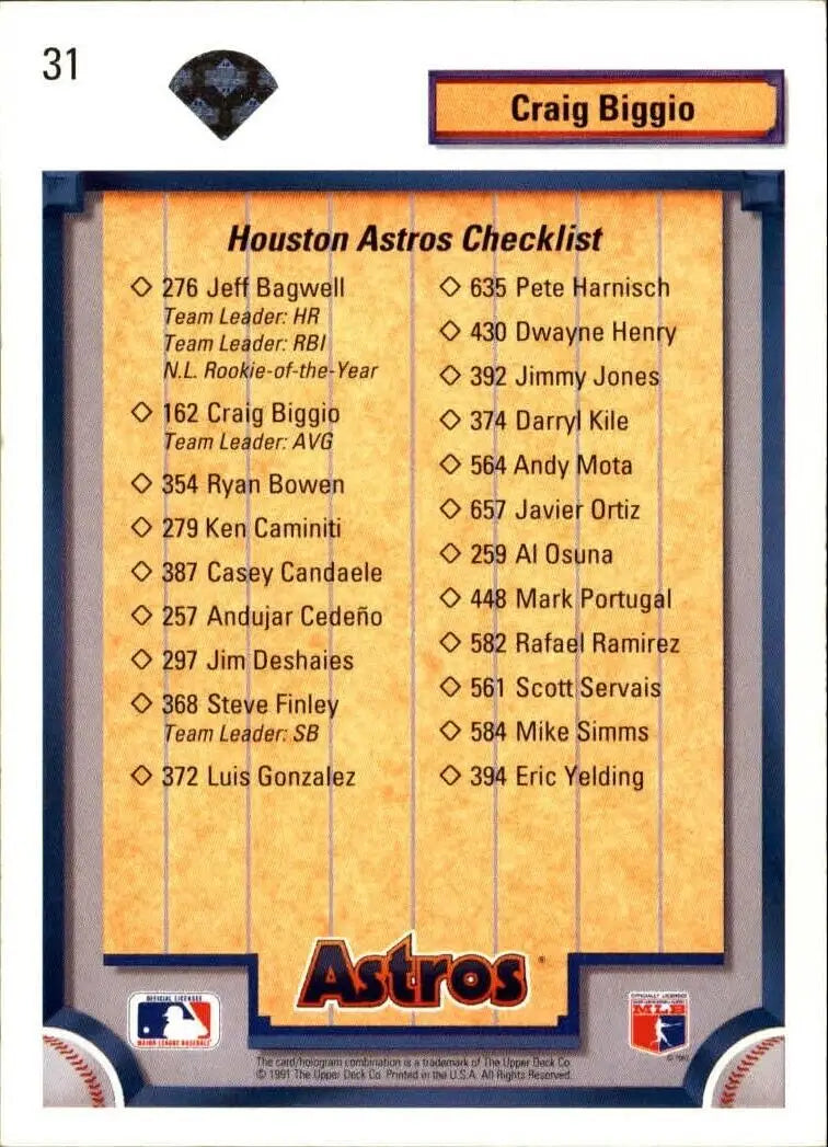 Craig Biggio 1992 Upper Deck MLB #31 Team Checklist Baseball Card Houston Astros