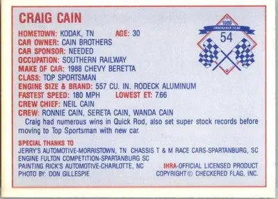 Craig Cain - 1989 Checkered Flag IHRA - #54 - Racing - Racing Card Single