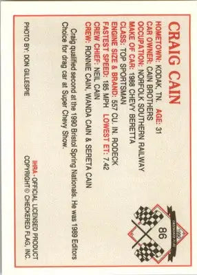 Craig Cain - 1990 Checkered Flag IHRA - #86 - Racing - Racing Card Single