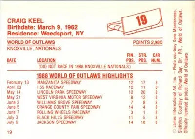Craig Keel - 1988 World of Outlaws - #19 - Racing - Racing Card Single