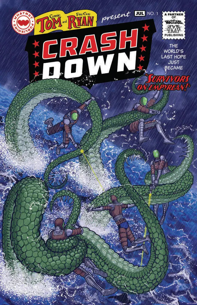 Green serpentine dragon in stormy sky on Crashdown #1 comic book cover featuring trading cards