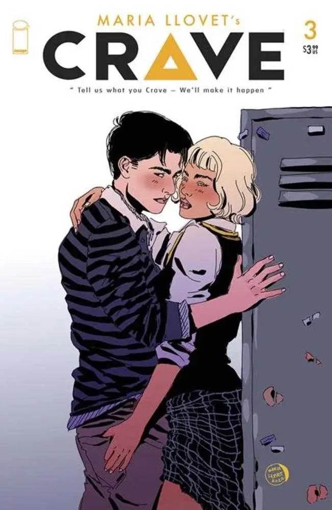 Comic book cover of Crave #3 featuring an intimate embrace by lockers, ideal for trading cards