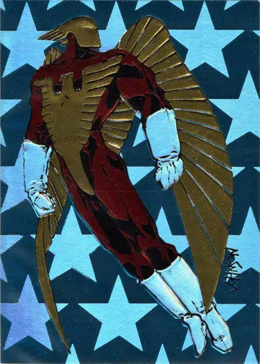 Stylized winged figure in red and gold on blue, featured in Foil Embossed Chase Card