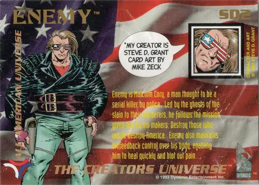 Trading card of a comic book villain on an American flag, foil embossed chase design