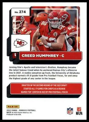 Creed Humphrey 2022 Donruss #274 Kansas City Chiefs - Football Card Single