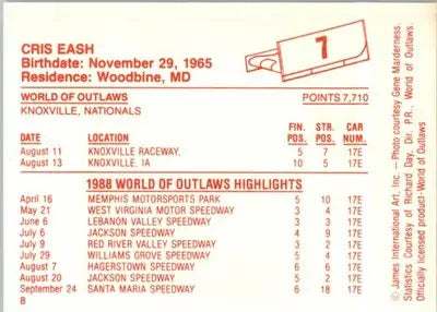 Cris Eash - 1988 World of Outlaws - #7 - Racing - Racing Card Single