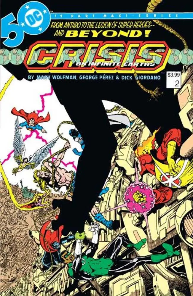 Crisis Beyond comic book cover with colorful superheroes in facsimile edition style