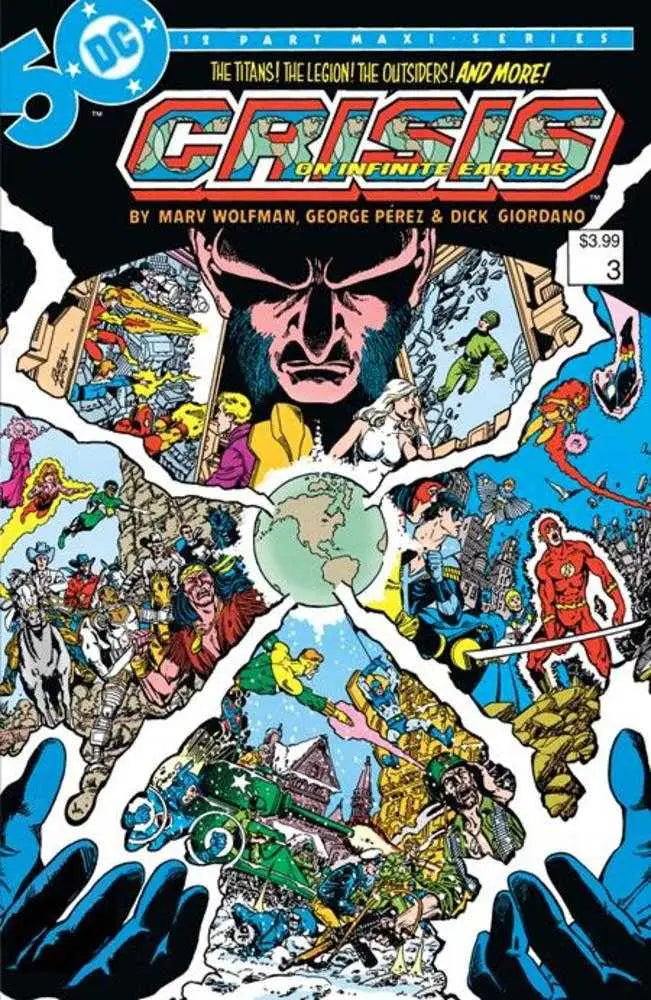 Comic book cover of Crisis On Infinite Earths #3 with superheroes and a shattered Earth