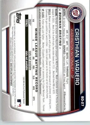 Cristhian Vaquero - 2023 Bowman Draft - #BD-27 - Baseball - Baseball Card Single