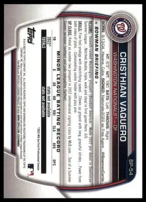Cristhian Vaquero 2023 Bowman Prospects #BP-54 Washington Nationals - Baseball Card Single