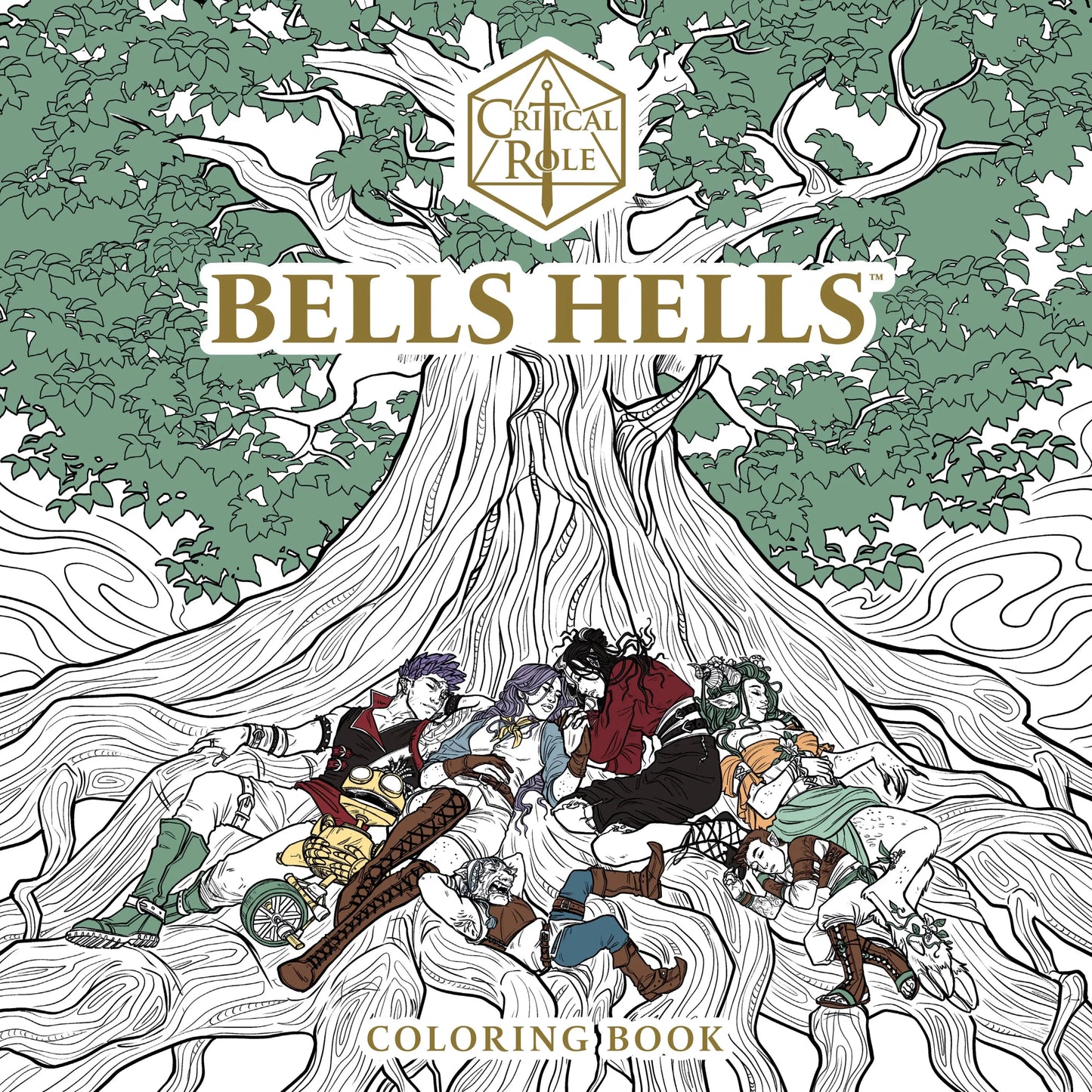 Critical Role Bells Hells coloring book with characters resting among tree roots