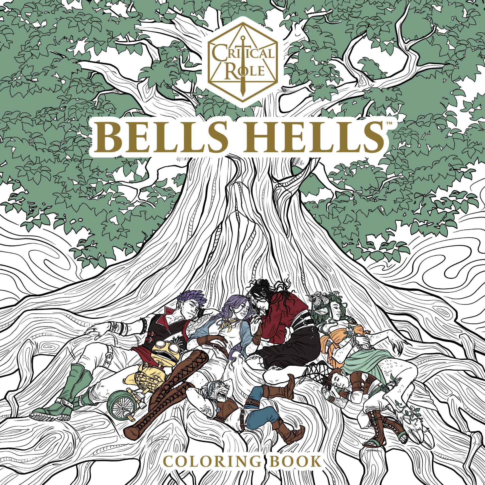 Critical Role Bells Hells coloring book with characters resting among tree roots